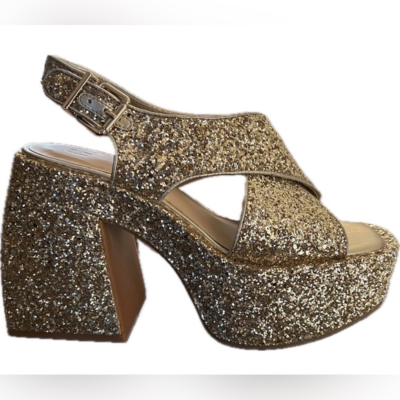 Gianni Bini NWOT GB Gold Glitter Platform Sandals Size 8 Retro Disco Heels - Picture 6 of 8